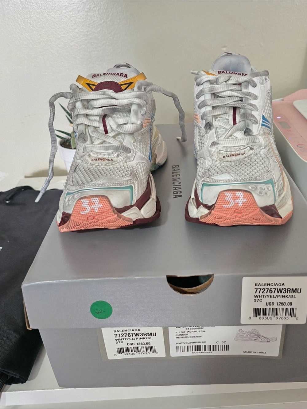 Balenciaga Runner White Sneakers with Coral, Teal & Burgundy Accents